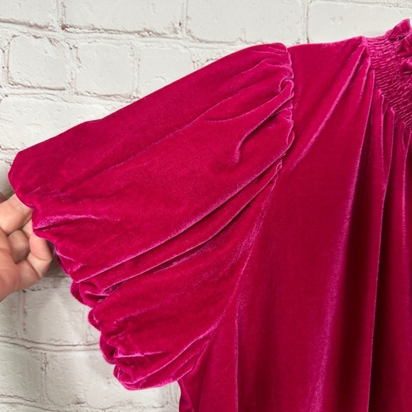 Entro Pink Velour Oversized Short Puff Sleeve V-neck Blouse Women’s M - Picture 2 of 6